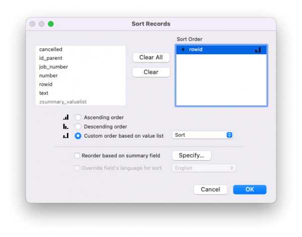 Sort Dialog